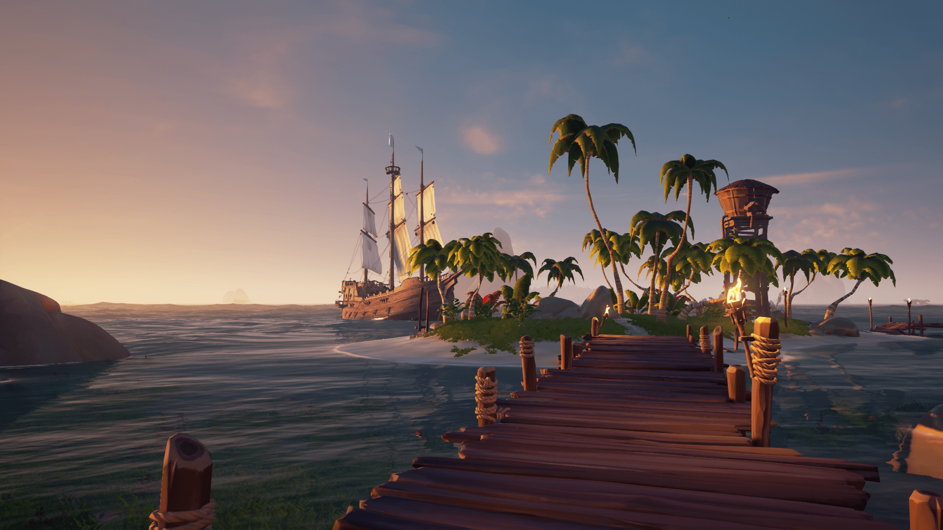 Fondos de pantalla: Sea of Thieves, barco, muelle, palmeras, agua, Gamer