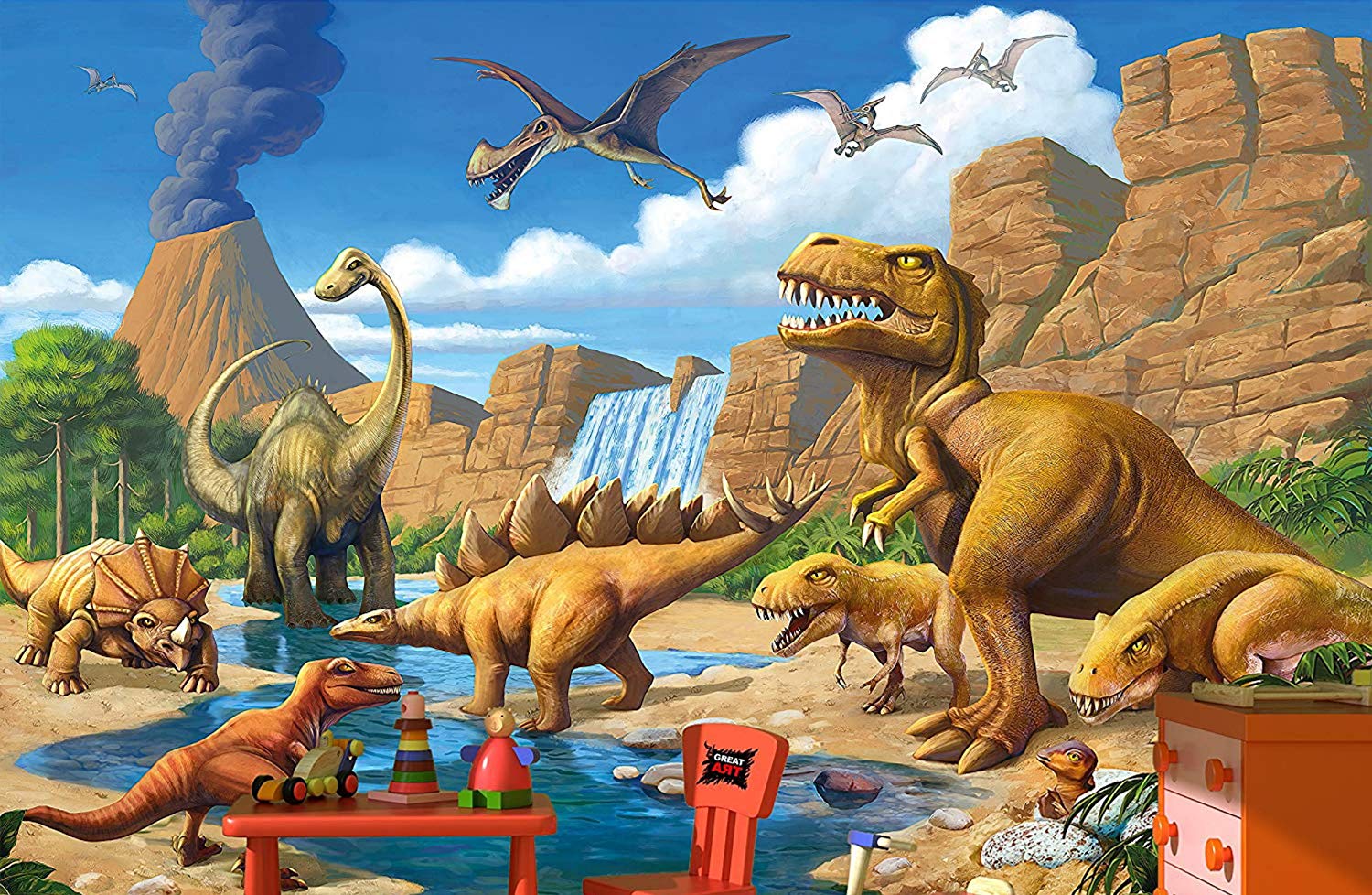 GREAT ART Papel pintado Habitación para niños Aventura Dinosaurio - Decoración de la imagen de la pared Dino World Comic Style Jungle póster de papel (132,3 pulgadas x 93,7)